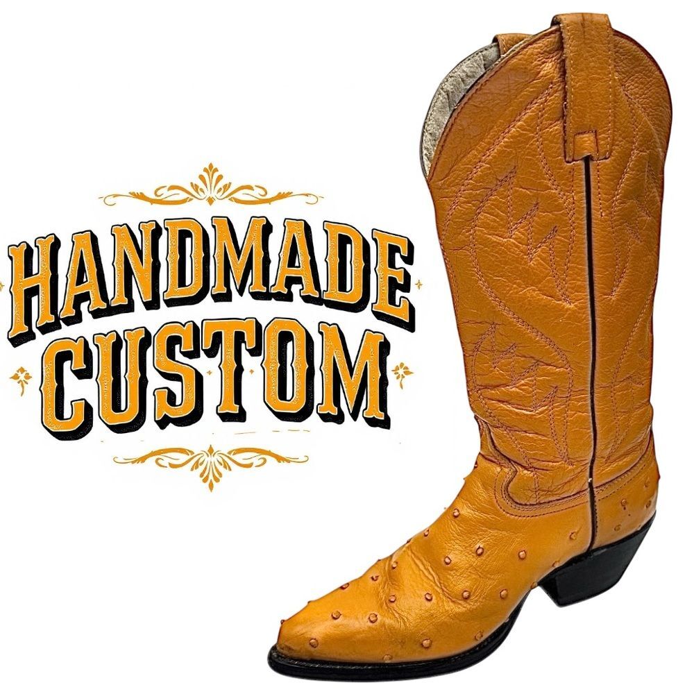 Custom Handmade Full Quill Ostrich Vamp Cowboy Boots Women’s Size 8 Cognac Tan